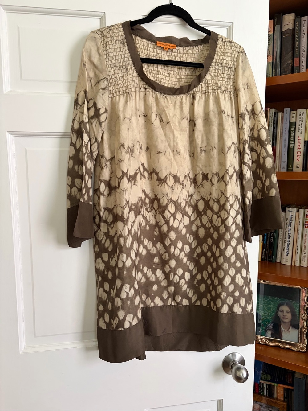 Roberta Freymann silk smocked Taupe and Cream Dress
